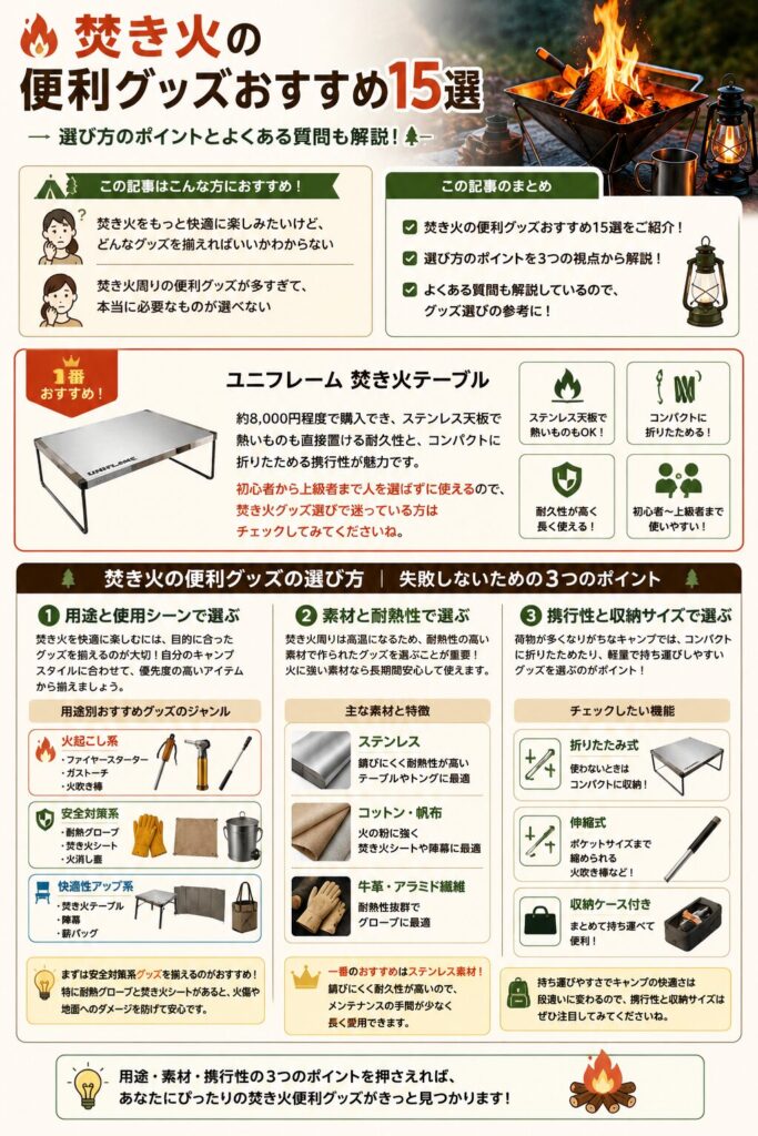 焚き火の便利グッズを図解で解説